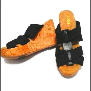 XOXO TrRetro Y2K Black Crossed Elastic Straps Cork Wedge Platform Sandals 7M